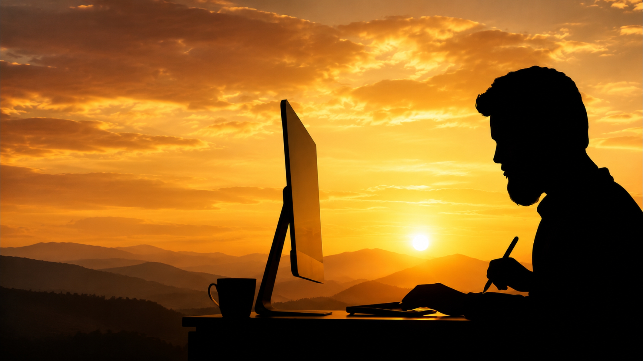 Silhouette of a designer working at a desktop monitor at sunset, with mountains in the background