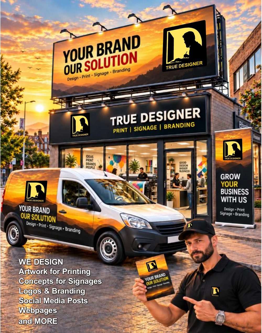 True Designer shopfront, billboard, van and roll-up banner